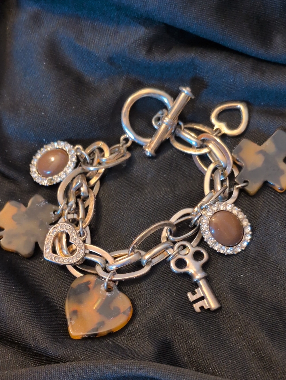 Silver-Tone Tortoiseshell Heart Charm Bracelet -with Accents